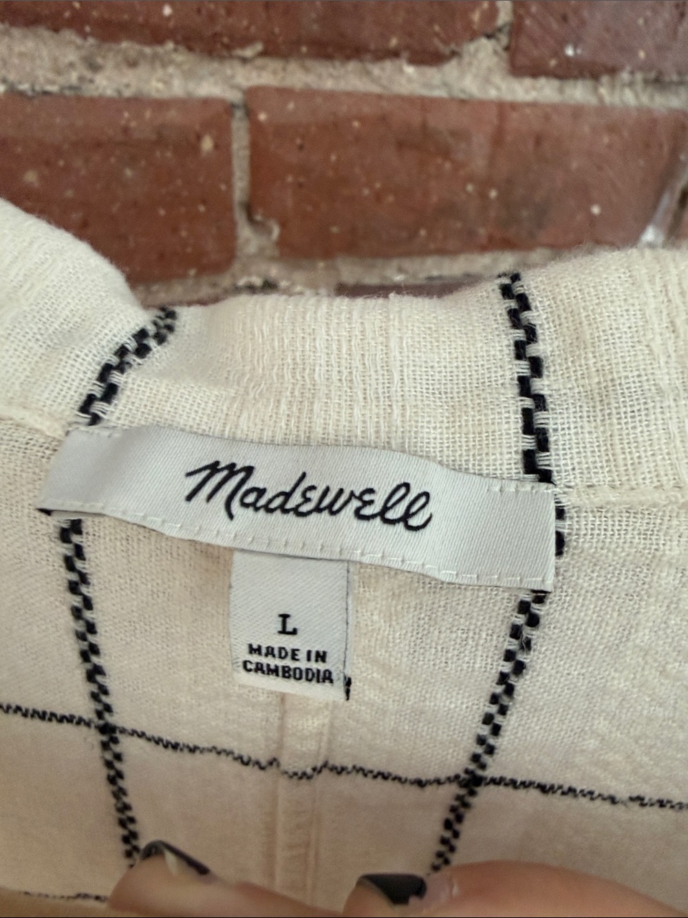 Madewell Cream Button-Down Short Sleeve Shirt with Black Windowpane - Picture 2 of 3